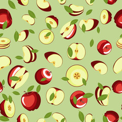 apple background, seamless texture. A drawn vector illustration of various juicy ripe red apples in whole and in pieces randomly scattered on a light green background