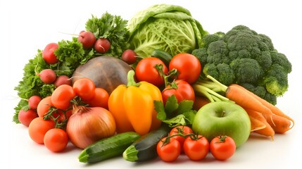 Pile of organic fresh vegetables isolated on a transparent background, healthy vegetarian food, raw vitamin-rich diet for detoxification and health, including broccoli, peppers, onions, cabbage tomato