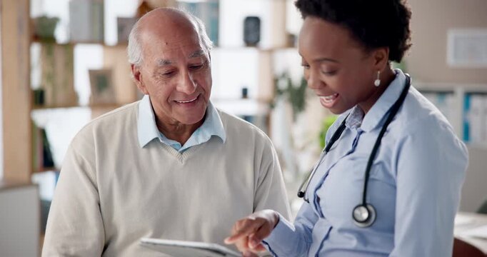 Healthcare, elderly patient and doctor with tablet for medical insurance information at clinic. Consultation, test results and geriatrician with senior man for good news on technology in office. - Powered by Adobe