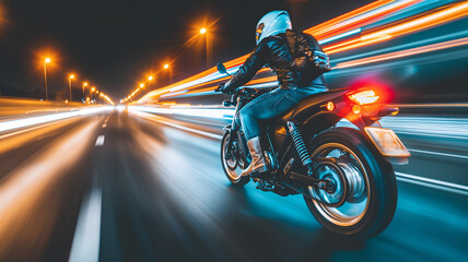 Obraz premium A motorcyclist cruises down a brightly lit highway at night, surrounded by vibrant streaks of light from the motion of passing vehicles - Generative AI