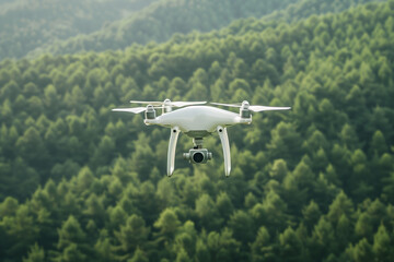 Drone hovering over lush green forest trees in summer. Aerial view of nature landscape, advanced camera technology, remote-controlled quadcopter, outdoor exploration