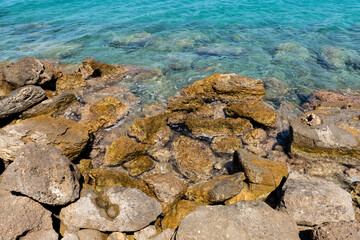 Ioanian Sea Coastline. Sea landscape with rocky beach, blue clear water