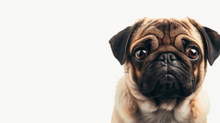 Fototapeta premium Close-up portrait of an adorable pug with expressive eyes, against a clean white background. Perfect for pet-themed stock content. Captured in a studio setting