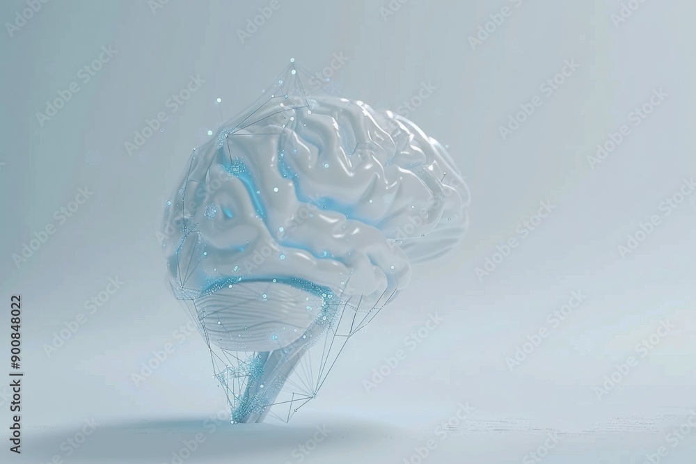 Poster icy translucent brain sculpture on white background highlighting neural pathways and cold logic in a