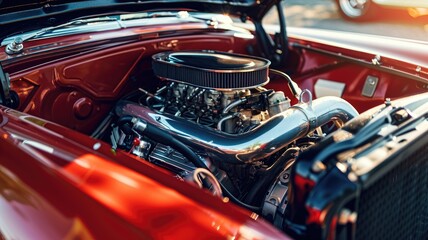 Fototapeta premium Polished car engine in classic red vehicle, hood open