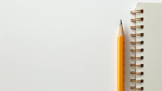 Yellow pencil and spiral notebook on light background