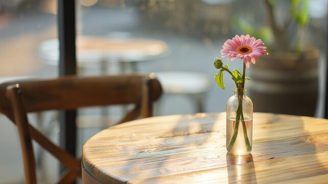 Pink flower in glass vase on wooden table by window with soft sunlight - Powered by Adobe