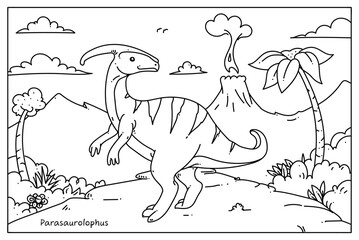 Dinosaur outline vector illustration in black and white, Parasaurolophus.