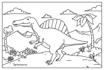 Dinosaur outline vector illustration in black and white, Spinosaurus.