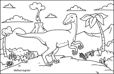 Coloring and activity page for kids. Black and white, fun, funny, cute dinosaur Velociraptor illustration.