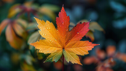 A Single Isolated Colorful Dew-Laden Leaf
