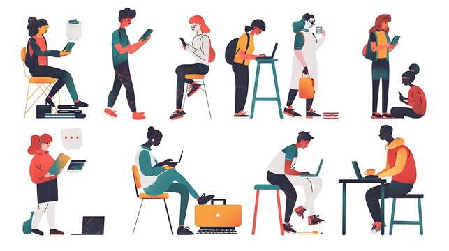 People using technological devices like smartphones, tablets, and computers in various contexts such as work, education, and entertainment