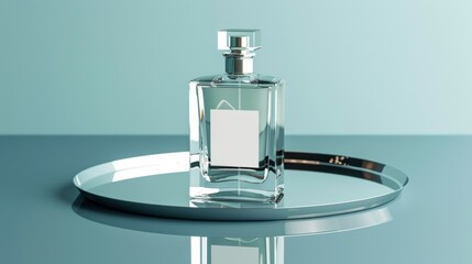 A stylish perfume bottle is showcased on a reflective silver tray, highlighting modern elegance and design