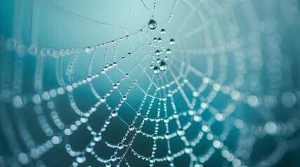 Naklejka premium Spider web close up with dew drops on blue teal background. 