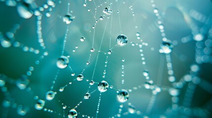 Spider web close up with dew drops on blue teal background. 