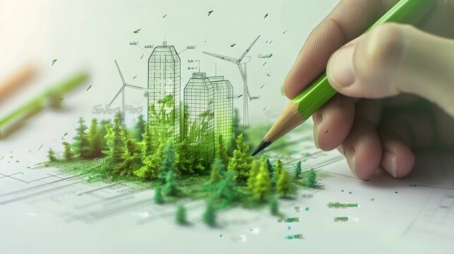Businessman planning on environmental protection initiative for clean and sustainable future ecology, ESG environmental social governance display on paper chart on eco-friendly company