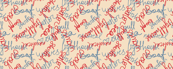 Handwritten text with sea words pattern. Abstract hand drawn doodles imitating pen written text. Vector seamless grunge pattern. For background, postcard, poster, print, greeting card.