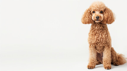 Close-up portrait of an adorable curly-haired poodle against a white background, showcasing its playful expression and well-groomed coat. Perfect for pet enthusiasts