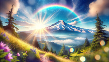 Scenic sunrise over Mt Hood landscape with rainbow and bokeh, nature background