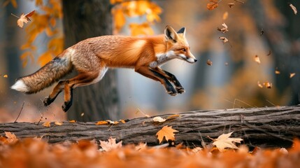 Fototapeta premium Red fox leaping over a fallen log in an autumn forest. Concept of wildlife, animal agility, nature, autumn scenery