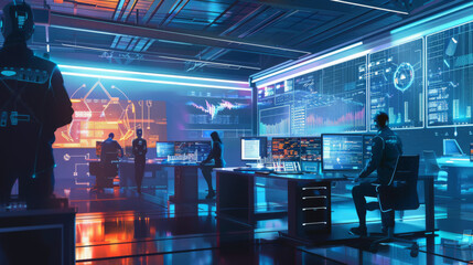 Futuristic Cybersecurity Workspace: Advanced Encryption Technologies, Biometric Access Control, and a Team of Security Professionals Safeguarding Sensitive Data