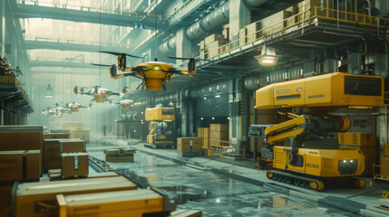 Modern Logistics Center: Automated Robots and Drones Efficiently Handling and Transporting Goods