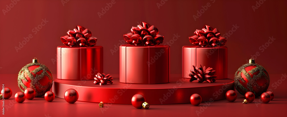 Poster a red christmas display with three red boxes and three red bows