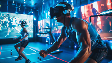 Athletes Training in Virtual Reality: Immersive Sports Scenarios and High-Tech Training Equipment in a Futuristic Environment
