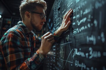 data scientist concept, illustration of man looking at data set