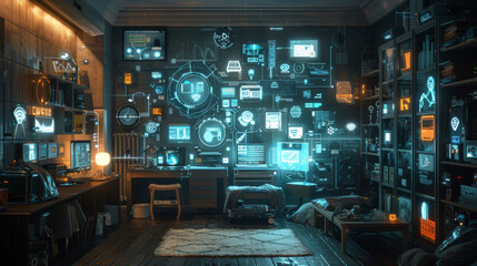 nternet of Things Concept in a Smart Home: Wide-Angle View of Connected Devices and Appliances Creating an Immersive Experience