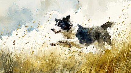 Watercolor art of a border collie jumping through a grassy field. Concept of playful dog, nature, dynamic movement, artistic pet illustration