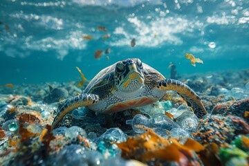 Obraz premium Sea turtle swims in a plastic-polluted ocean water. AI generated