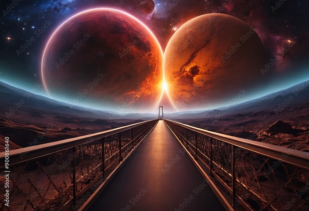 Canvas Prints two planets connected by a thin, swirling bridge of nebula gas and dust, creating a cosmic pathway b