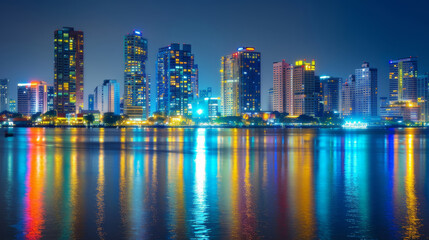 Obraz premium Twilight urban cityscape blurred lights and reflective surface crafting dreamy ambiance