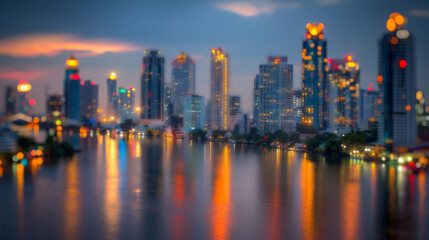 Obraz premium Twilight urban cityscape blurred lights and reflective surface crafting dreamy ambiance