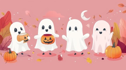 Fototapeta premium Cute ghosts trick-or-treating. Halloween background
