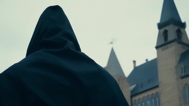 A lone figure stands tall and proud in front of a historic church their gender and race indistinguishable as they are shrouded in a cloak of mystery. The churchs imposing presence
