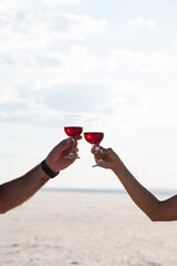 Two people are holding up their wine glasses to toast