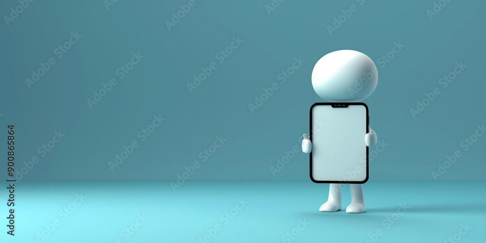 Poster 3d character holding big smartphone with blank screen on blue background