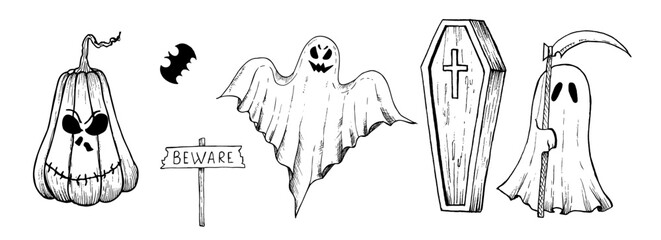 Halloween grim Reaper, pumpkin, bat. Wooden sign board 