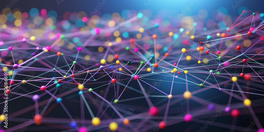 Poster Abstract network of colorful interconnected nodes representing complex data connections
