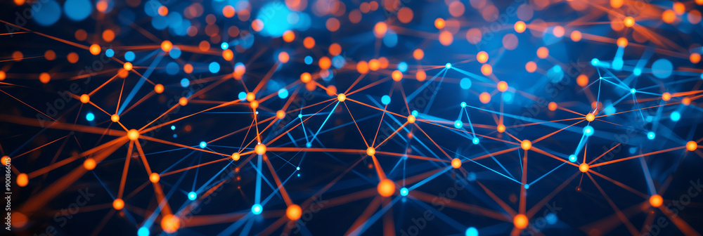 Poster Abstract network connecting with orange and blue lights forming a big data structure