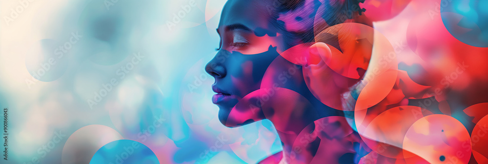 Poster young woman combining with abstract colorful design element