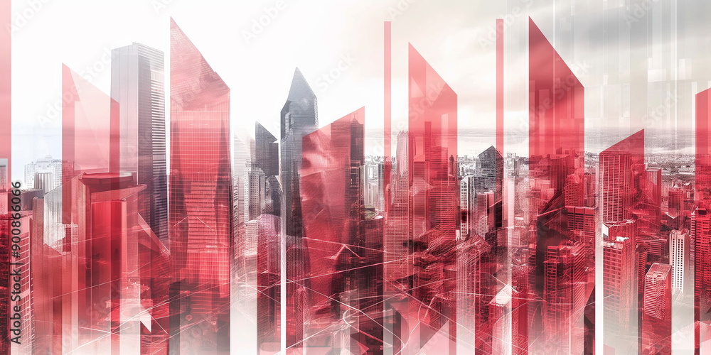 Aufkleber Red geometric shapes superimposed on cityscape creating abstract image