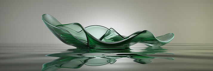 Abstract green glass sculpture floating on water with reflection