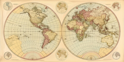 Fototapeta premium Vintage map of the world showing the western and eastern hemispheres