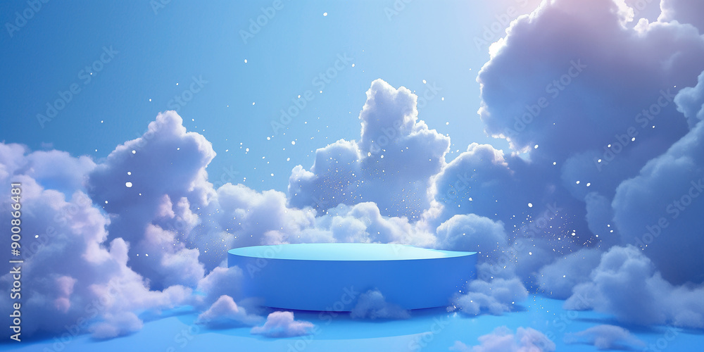 Poster blue podium surrounded by clouds is displaying something