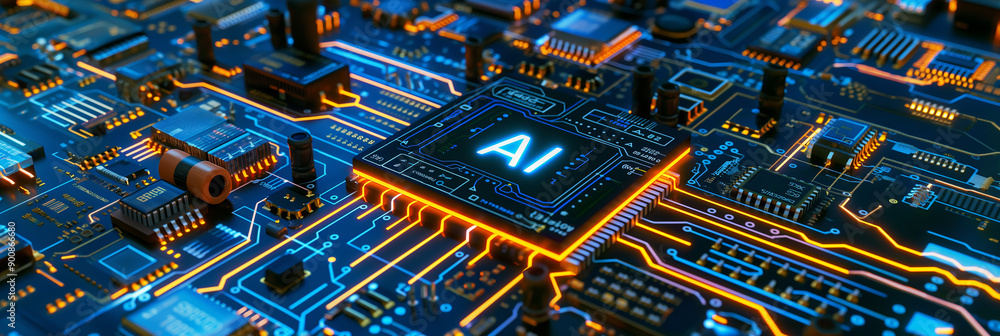 Poster Artificial intelligence chip glowing on motherboard, machine learning concept