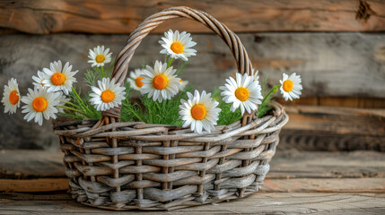 Obraz premium Charming Woven Basket Filled With Fresh White Daisies Sitting on Rustic Wooden Table