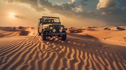 Vintage open top 4x4 SUV in the desert in Dubai, United Arab Emirates. 